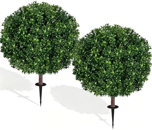 27.5" Artificial Boxwood Topiary Ball Tree, Set of 2 Fake Bushes Shrubs with Ground Spike, UV Resistant Faux Evergreen Boxwood Trees for Front Porch Planters Outdoor Garden Decor by Unknown