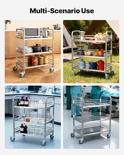 VEVOR Stainless Steel Rolling Cart, 3-Tier Metal Utility Cart with Lockable Wheels, Medical Serving Trolley Clinic Tray, Mobile Service Cart for Hospital, Lab, Restaurant, Kitchen, Salon - Image 6
