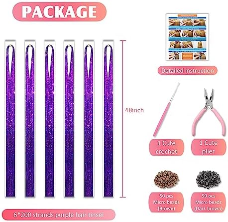 Purple Hair Tinsel Kit 48 Inches 1200 Strands with Tools and Instruction Easy to Install Fairy Glitter Tinsel Hair Extensions for Women and Girls，Shinny Sparkling Braiding Hair Accessories for Halloween Cosplay Party - Image 3