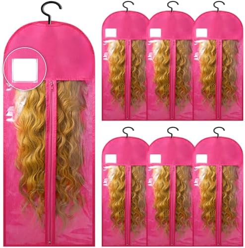 6Pcs Extra Long Wig Storage Bags with Hanger Hair Extension Wig Storage Hanger Bags for Multiple Wigs with Tags Organizer Dust-Proof Home Travel Closet Wigs & Accessories (Pink 31.5in) by YUJIASH