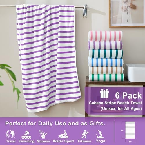 JML Microfiber Beach Towels, 6 Pack, 27" x 55", Cabana Stripe Purple - Image 2