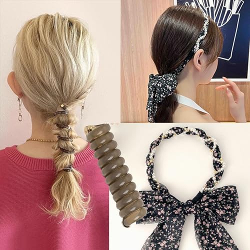 2Pcs+1 Retractable Pocket Headband, Vintage floral Hairband for a variety of hair accessories + Portable Adjustable Hair Hoop with Plastic Storage Bag for Washing Makeup Travel Outdoor-Black by Enjoythelife
