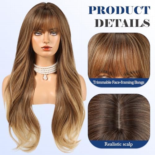 HAIRCUBE Long Ombre Brown Wig with Bangs Layered Curly Wigs for Women Natural Synthetic Wigs for Daily Use (pelucas de cabello natural) - Image 2