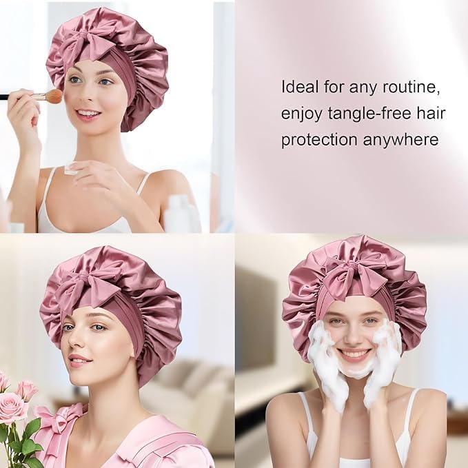 2PCS Silk Bonnet for Women, Satin Bonnet for Sleeping, Large Sleep Cap with Elastic Tie Band for Curly Hair (Bean Paste Pink+Black) - Image 7