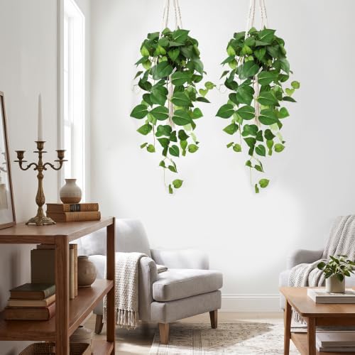 CEWOR Fake Plants Indoor 2 Packs 33" Fake Pothos Hanging Plants with Plastic Pot for Home Office Indoor Decor (Green) - Image 7
