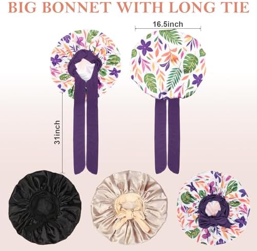 3Pcs Bonnets for Sleeping, Extra Satin Silk Bonnet for Sleeping Women with Tie Band for Curly Hair Jumbo Bonnet Braids - Image 6