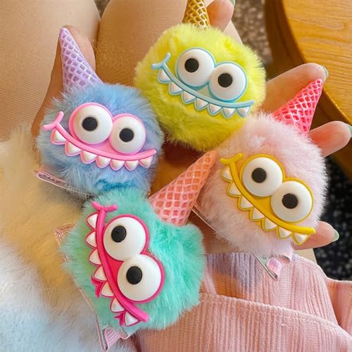 MIUPOO Fluffy Pom Poms Hair Clips,Crazy Hair Day Accessories for Girls,Quirky Little Monster Barrettes,Plush Duckbill Hairpins Hair Barrettes,Party Modeling Hair Accessories,Color Ice Cream Devil. - Image 3