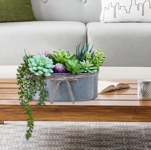 Winlyn 10" Artificial Succulent Arrangement Centerpiece Fake Succulent Plants in Rustic Metal Oval Planter Faux Potted Succulents for Home Office Bedroom Table Windowsill Shelf Mantel Decor - Image 7