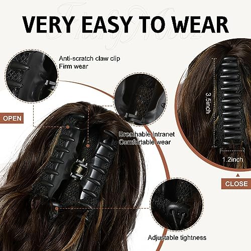 FLUFYMOOZ Ponytail Extension, 18 Inch Claw Clip Ponytail Extension, Wavy Curly Claw Clip in Ponytail Hair Extensions, Natural Fake Ponytail Synthetic Hairpiece for Women (Chocolate Brown with Blonde Highlights) - Image 3