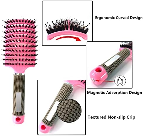 2 PACK Boar Bristle Hair Brush No Pull Curved Vented Detangler Hair Brushes Fast Blow Drying Hair Brush for Men Women Wet Dry Long Thin Thick Curly Tangled Hair (pink+blue) - Image 4