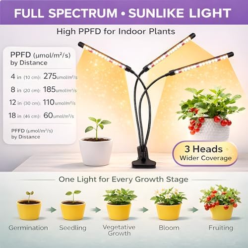 Grow Lights for Indoor Plants, Full Spectrum Tri-Head Clip Plant Lights - Image 5