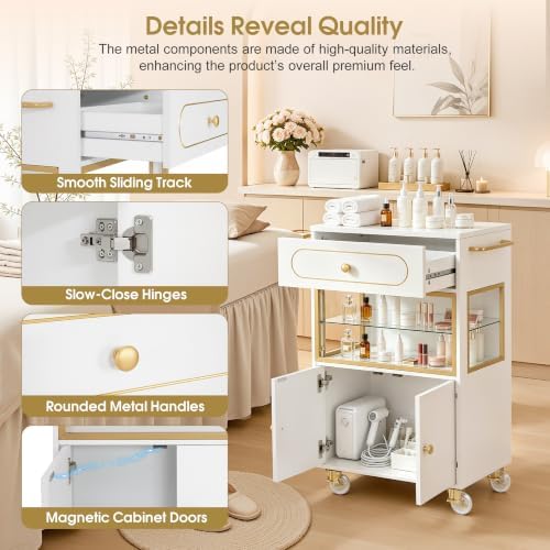 BarberPub Salon Trolley Cart with Drawer & Lockable Wheels 2077(White) - Image 7