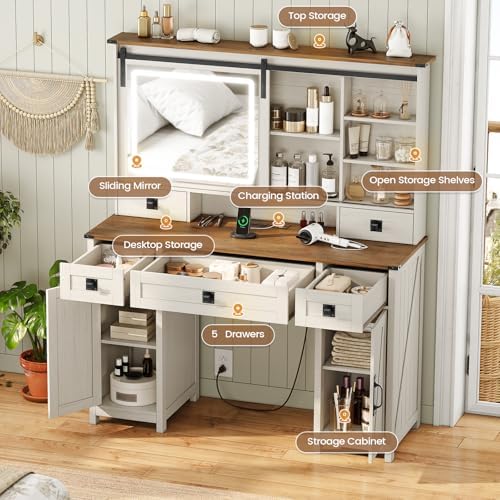 AOGLLATI Farmhouse Makeup Vanity Desk with Lights & Charging Station,Vanity Desk with Mirror and Lights, 47.2” Large Brown Vanity Table with Ample Storage Space and Sliding Mirror (Antique White) - Image 6