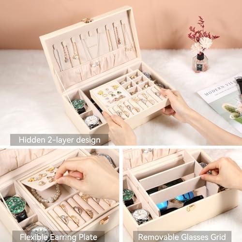 LANDICI Jewelry Box Organizer for Men Women, 2 Layer 4 Slot Watch Storage Case with Removable Tray, PU Leather Large Jewellery Holder Display for Watches Sunglasses Rings Earrings Necklace, Apricot - Image 6