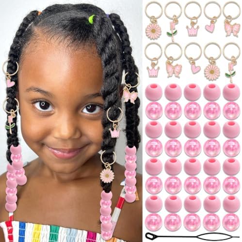 NAISKA 50PCS Pink Hair Bead for Braids Cute Hair Beads Flower Braid Jewelry by NAISKA