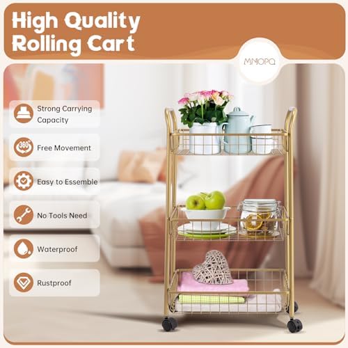 3 Tier Mesh Rolling Utility Cart, Gold Metal Organization Cart with Lockable Wheels, Multifunctional Storage Trolley Service Cart for Kitchen Living Room Office Salon - Image 2