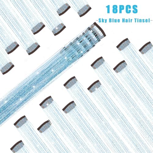 18 Pcs Hair Tinsel Clip in, 20.5 Inch Glitter Tinsel Hair Extensions, Shiny Sparkling Fairy Hair Tinsel Clips, Dazzling Party Hair Accessories for Girls Women Kids (Sky blue) - Image 2