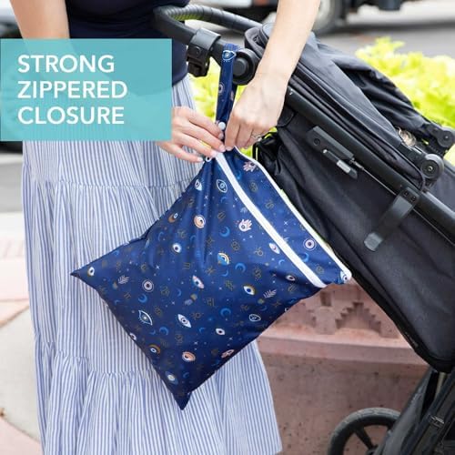 Bumkins Waterproof Wet Dry Bag for Baby, Travel, Swim Suit, Cloth Diapers, Pump Parts, Pool, Beach, Gym Clothes, Toiletry, Hook to Stroller, Daycare, Zipper Reusable Wetdry Packing Pouch, Evil Eye - Image 4