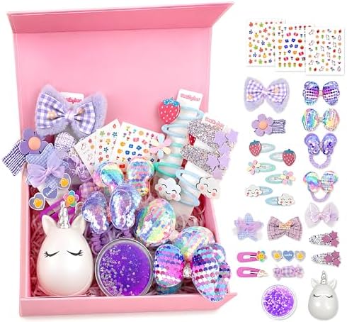 Hair Accessories for Girls Gift Set - Girl Hair Accessories Kit for Kids Ages 4-8, Purple Hair Clips, Barrettes, Ponytail Ties, Bows, Mirror & Unicorn Comb, Toddler Hair Set by Shelbybox