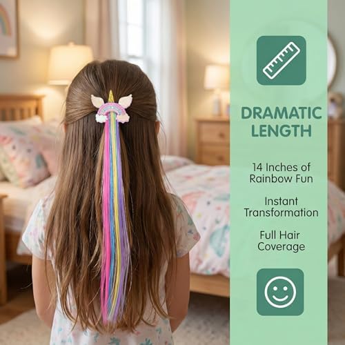Little World Hair Clips for Girls, 6 Pcs Rainbow Hair Extensions, Unicorn Hair Clips for Girls Toddler Kids Ponytails, Hand-made Cute Glitter Hair Accessories - Image 6