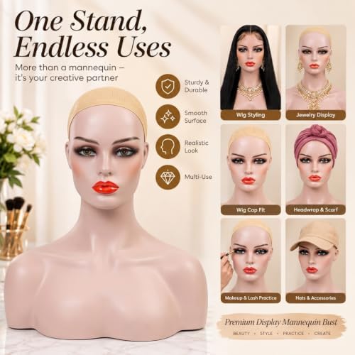 Realistic Female Mannequin Head with Shoulders – Lifelike Cosmetology Manikin Display Bust for Wigs, Jewelry, Necklaces, Hats, Sunglasses, Scarves & Makeup Practice. (Beige Red Lip) - Image 2