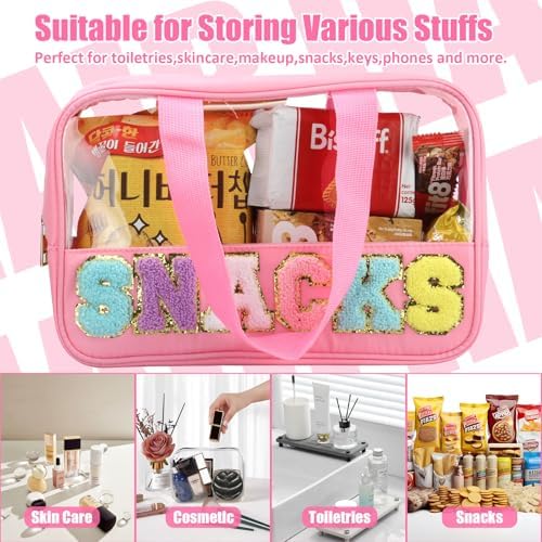 BuyCard Chenille Letter Clear Snack Bags Makeup bag, Preppy Cosmetic Bag, Nylon & PVC Waterproof Travel Pouch with Zipper & Handle, Large Capacity Toiletry Organizer Bag for Women & Girls (Pink) - Image 4