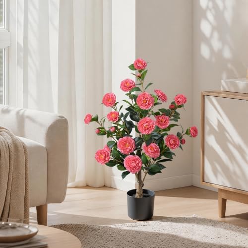 HyeFlora 3ft Artificial Camellia Tree 2 Pack, 34 Inches Faux Camellia Plant in Pot,Fake Potted Camellia Flower Trees UV Resistant for Modern Home Office Living Room Floor Indoor Outdoor Patio Decor - Image 5