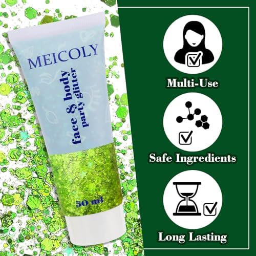 MEICOLY Lime Green Body Glitter for Halloween St Patricks Day, Holographic Game Day Spirit Day Face Glitter,Self-Adhesive Light Green Hair Glitter,Chunky Glitter Face Paint for Party Festival - Image 4