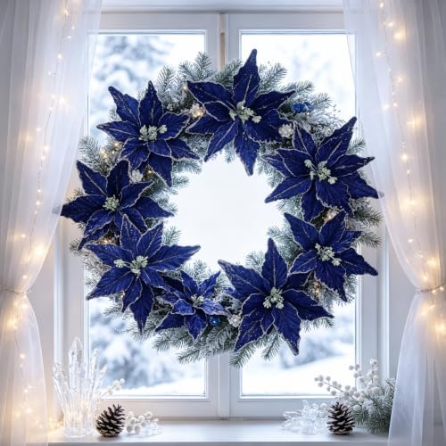 Kimura's Cabin 6Pcs Artificial Poinsettia Christmas Flowers Set,Royal Blue - Image 7
