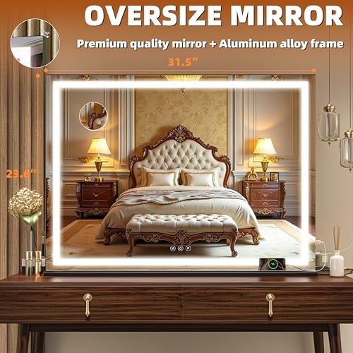 Hasipu Vanity Mirror with Lights, 32" x 24" LED Makeup Mirror, Lighted Makeup Mirror with Dimmable 3 Modes, Touch Screen Control Vanity Mirror Square Black - Image 2