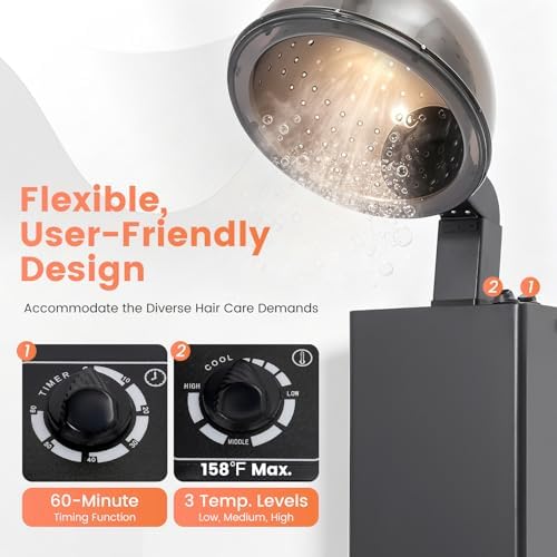 Salon Hair Dryer, 1000W Hooded Bonnet with Detachable Wheels, Adjustable Height Stand with 15" Large Hood, 60 Minute Timer & 4 Temperature Setting, Portable Hair Dryer with Wheels for Home Salon Use - Image 5