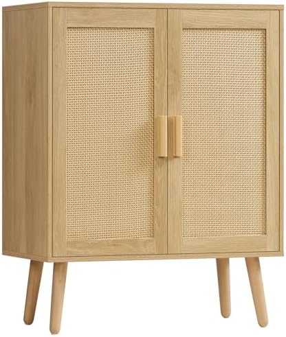 Iwell Storage Cabinet with 2 Shelves, Rattan Cabinet with 2 Doors, Sideboard Buffet Cabinets with Storage for Living Room, Dining Room, Entryway, Natural by IWELL