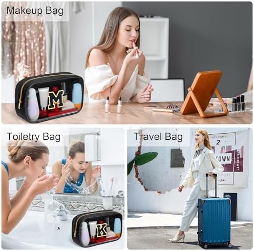 YOOLIFE Initial Make Up Bag Travel Toiletry Bag for Women, Clear Makeup Bag Organizer Cosmetic Bags Travel Essentials Gifts for Women Teen Girlfriend Teacher Mom Birthday Mothers Day Gifts Black E - Image 3