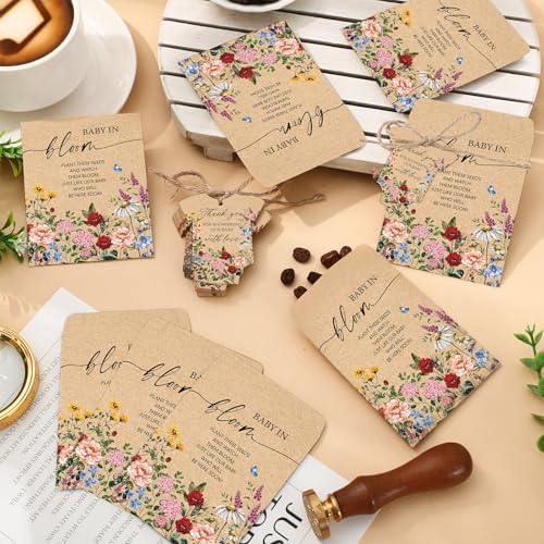 JarThenaAMCS 100Pcs Baby Shower Seed Packets Spring Wildflower Self Adhesive Kraft Envelopes with Thank You Tags Baby in Bloom Seed Storage Pockets for Garden Party Favors Supplies - Image 4