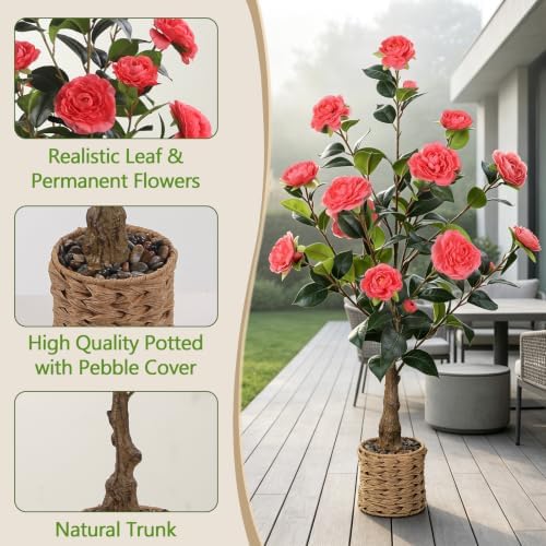 3FT Artificial Camellia Tree, Faux Camellia Plant Outdoor Camellia Flowers Tree Greenery Potted Plant for Living Room Door Patio Deck Yard Décor Outdoor Indoor - Image 3