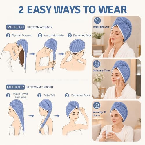 2 Pack Microfiber Hair Towel Wraps, Quick Dry Turbans, White & Blue - Image 6