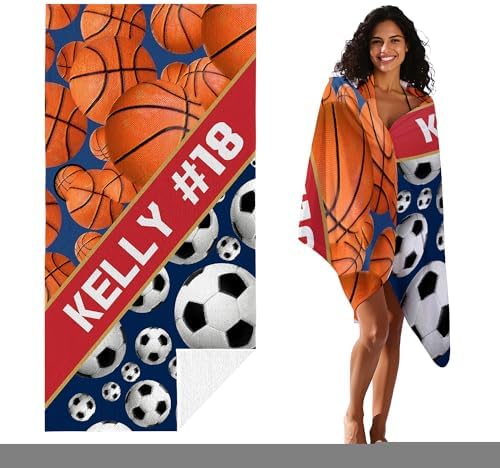 Personalized Beach Towel With Name, Custom Beach Towel with Text, Customized Basketball Football Microfiber Pool Towel, Quick Dry & Absorbent Swim Towel for Adult,Anniversary, Birthday, Summer Holiday - Image 3