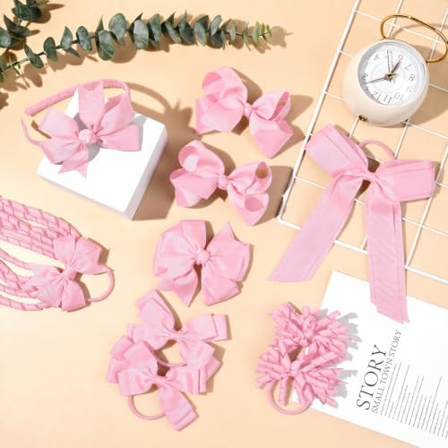 DEEKA Teal School Hair Accessories Set 13 Pcs Uniform Bow Headband Clips Hair Ties Curly Korker Bows for Little Toddler School Girls (Pink) - Image 5