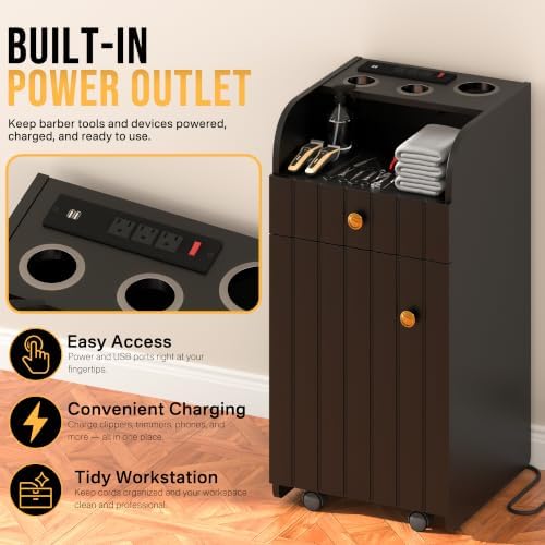Black Hair Salon Station with Power Outlet, Tool Holders & Wheels - Image 3