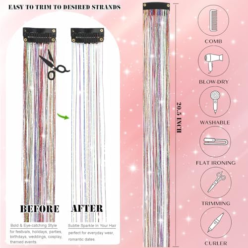 Hair Tinsel Kit 18 Pcs Hair Tinsel Clip in Fuller Sparkle, Heat Resistant Clip in Glitter Tinsel Hair Extensions Fairy Green Hair Accessories for Women Girls Daily Party Festival (Green) - Image 5