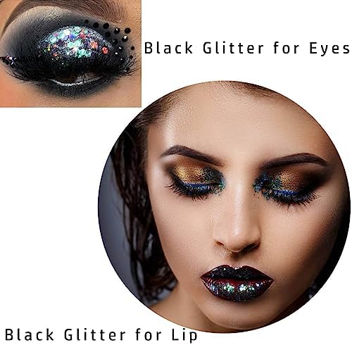 MEICOLY Black Face Glitter, Holographic Mermaid Hair Glitter for Game Day Spirit Day Halloween Cosplay SFX Makeup, Self-Adhesive Chunky Body Glitter Gel for Women and Kids, Professional Body Paint - Image 2