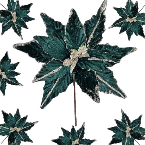 Kimura's Cabin 6Pcs 11Inch Artificial Poinsettia Christmas Flower Set,Green by WeddingPartyArrangementBouquetsDecorationArtificialFlowers