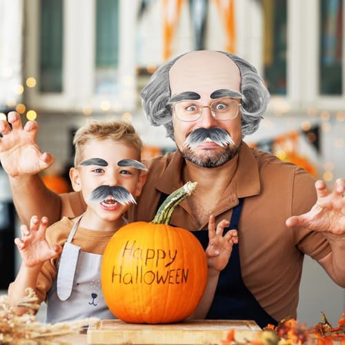 Old Man Bald Cap,Short Grey Bald Cap with Side Hair,Grandpa Wig with Glasses Mustache Eyebrows for Mens Halloween Cosplay Costume - Image 7