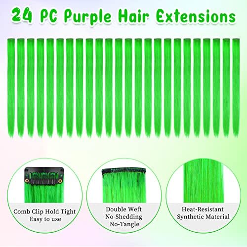 Kyerivs 24PCS Green Accessories Colored Clip in Hair Extensions for Girls 20Inch Rainbow Straight Synthetic Hairpieces for Girls Party Highlights Colorful Hair Halloween Gifts for Women Easter Gifts - Image 2