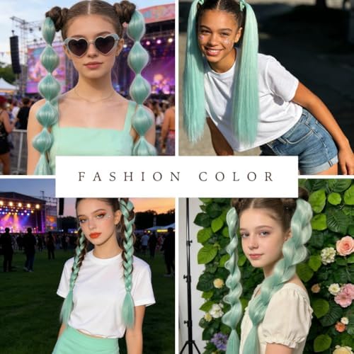 Mint Green Ponytail Extension for Girls and Women Synthetic Hair Pieces With Tinsel 20 inch Rave Crazy Days Hair Kids Accessories 2pcs/lot Christmas Halloween Festival Party Daily Using - Image 3