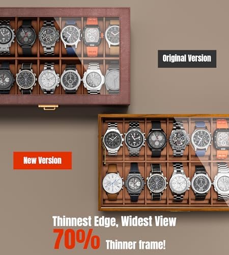 Watch Case Box for Men - Ultra-thin Frame Wide Display 14 Slots 2-Layer Wooden Grain Watch Sunglass Storage Organizer, Real Glass Lid Display Case Gift for Dad Husband - Image 3