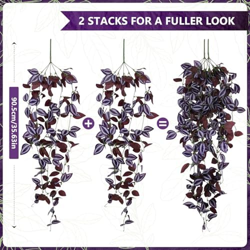 2-Pack Fake Hanging Plants, Faux Hanging Plant Artificial Greenery for Living Room Bedroom Boho Wall Shelf Indoor Outdoor Decor (Purple-Eyed Hairy Leaf) - Image 3