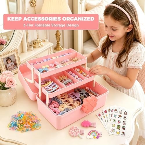 Hair Accessories Organizer for Girls, Portable 3-Layer Folding Storage Box with Handle, Organizer for Hair Clips, Bows, Headbands & Hair Ties, 11.4 x 6.3 x 6.3 Inch - Image 4