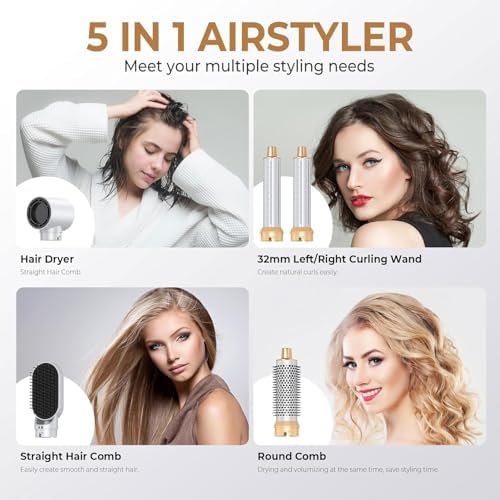 5 in 1 Hair Dryer Brush Set, High Speed Hot Air Styler with Auto Wrap Curlers, Blow Dryer Brush for Drying Curling Straightening, Frizz-Free Volume Styling Tools (Platinum) - Image 5