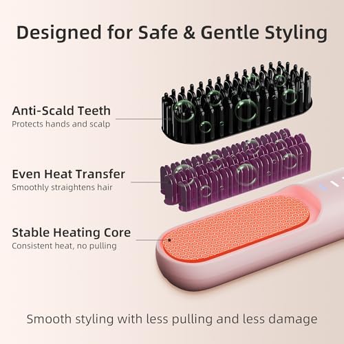 Cordless Hair Straightener Brush Portable Wireless Ceramic Hot Brush for Women USB-C Rechargeable Travel Straightener Negative Ion Anti-Frizz Fast Heating 4 Temperature Settings Auto Shut-Off (Pink) - Image 3